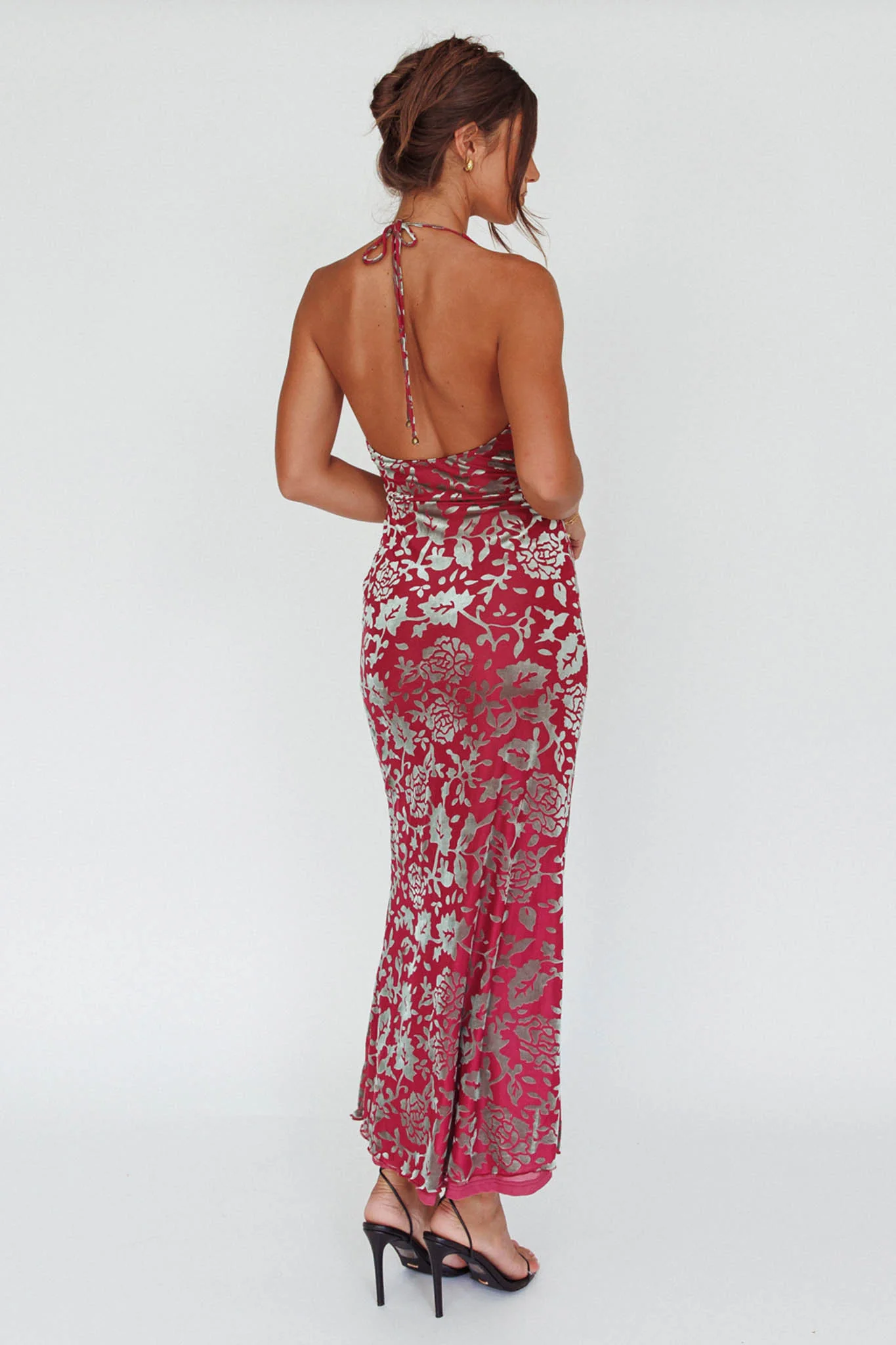 Byzantine Cowl Halterneck Midi Dress Floral Wine - Image 2