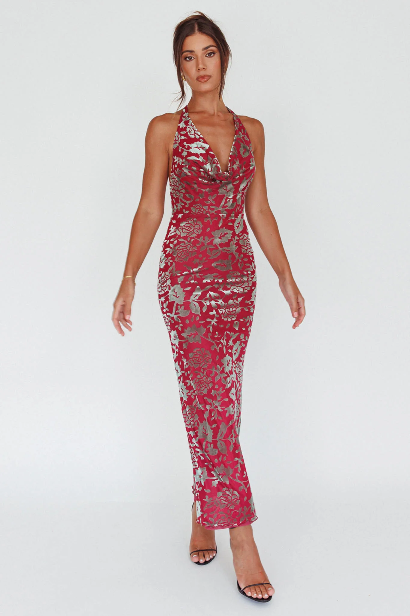 Byzantine Cowl Halterneck Midi Dress Floral Wine - Image 3