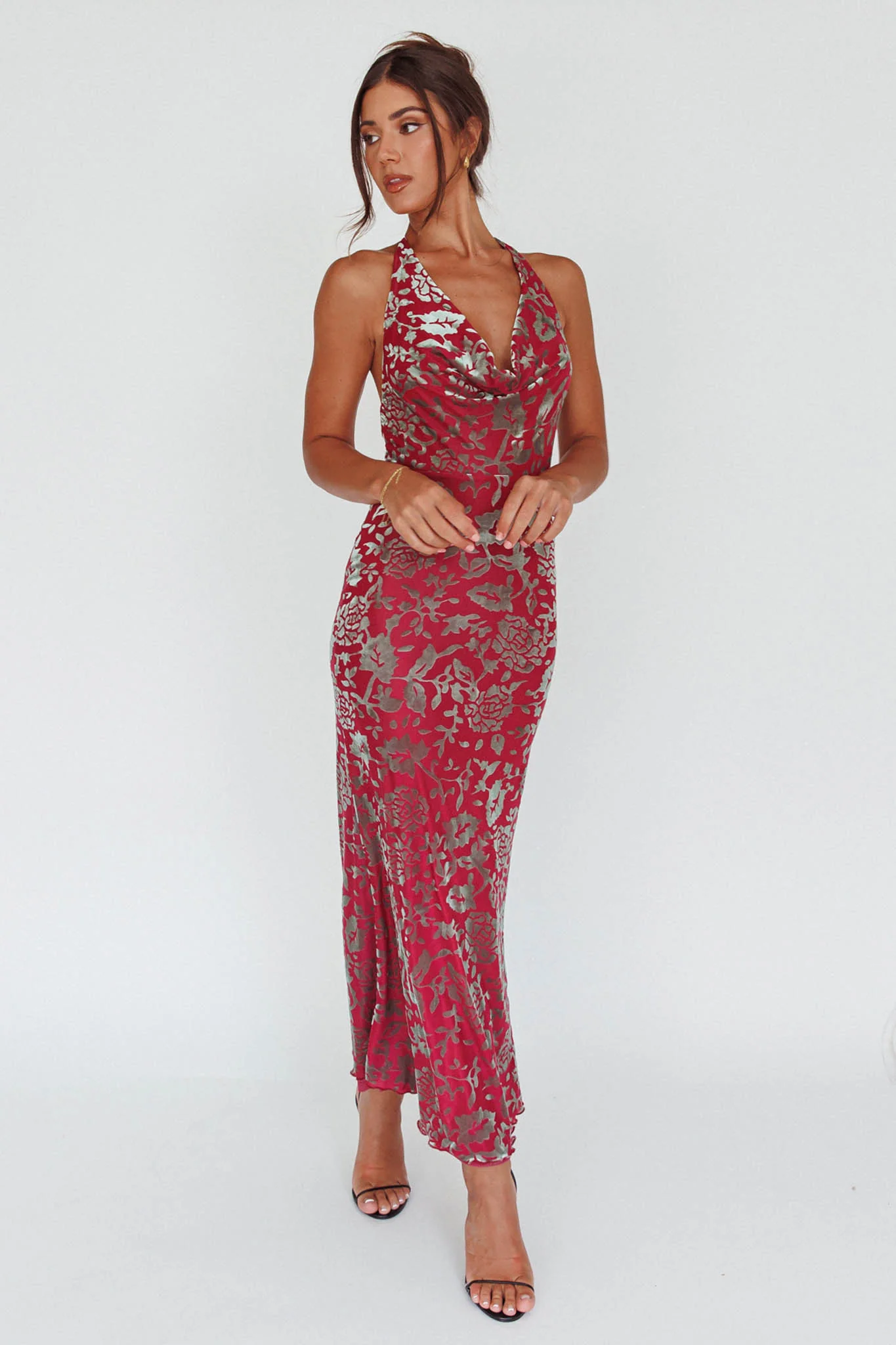 Byzantine Cowl Halterneck Midi Dress Floral Wine - Image 6