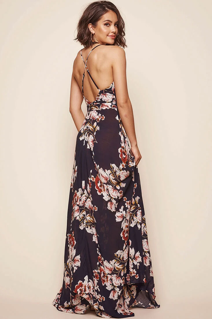 Calabasas Floral Waist Tie Maxi Dress Navy - Image 4