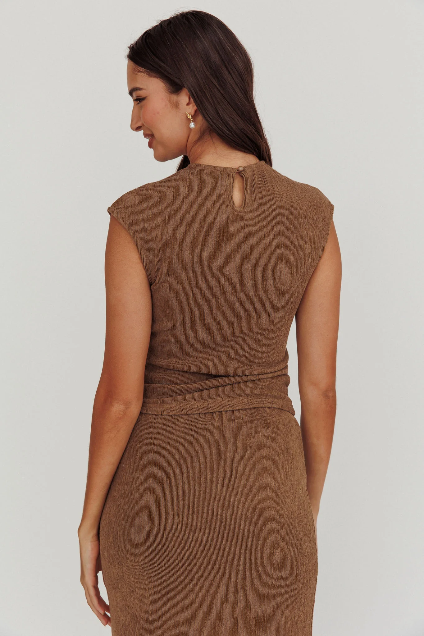 Calculated Cap Sleeve Ribbed Knit Top Brown - Image 2