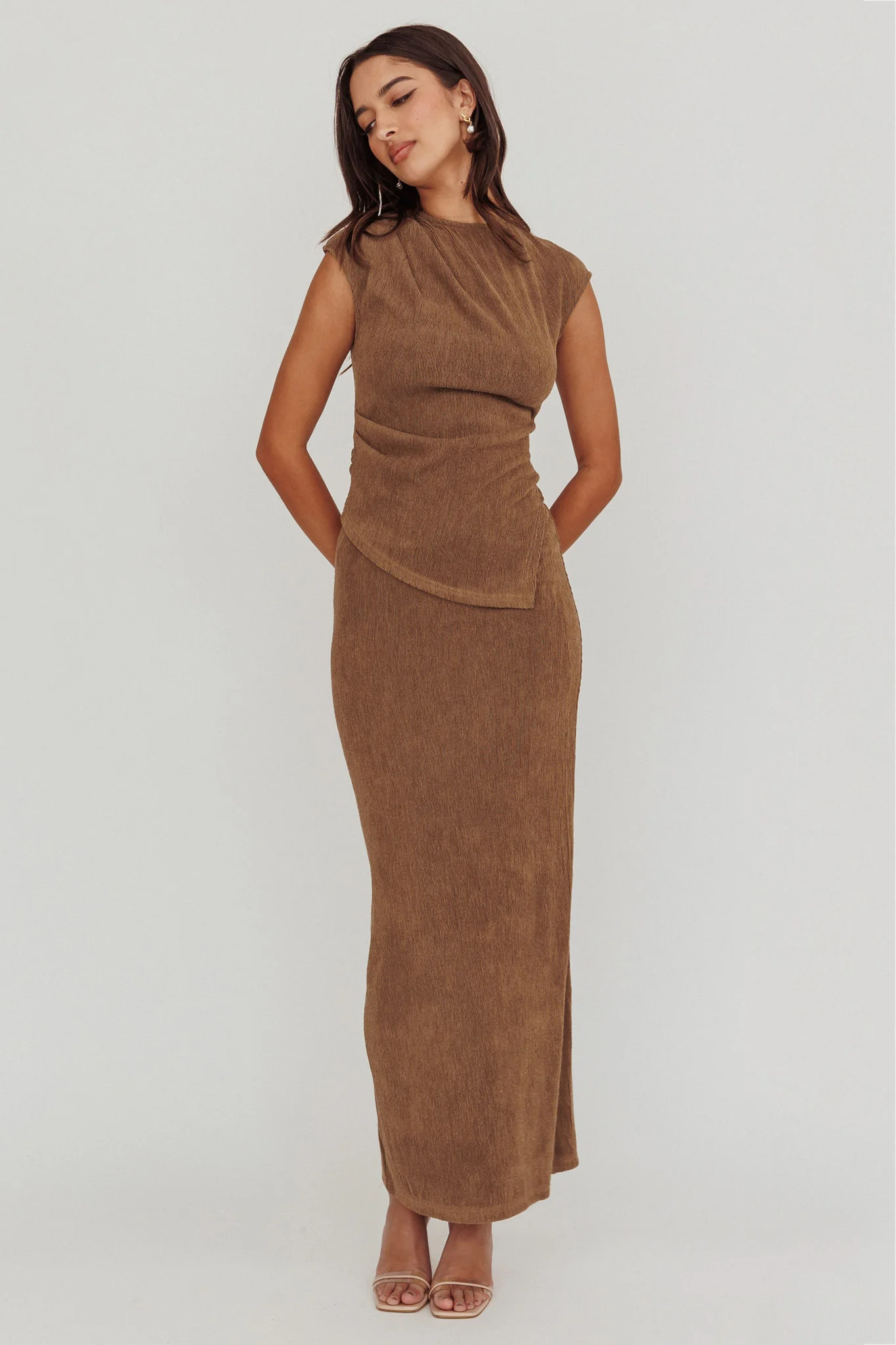 Calculated Cap Sleeve Ribbed Knit Top Brown - Image 3