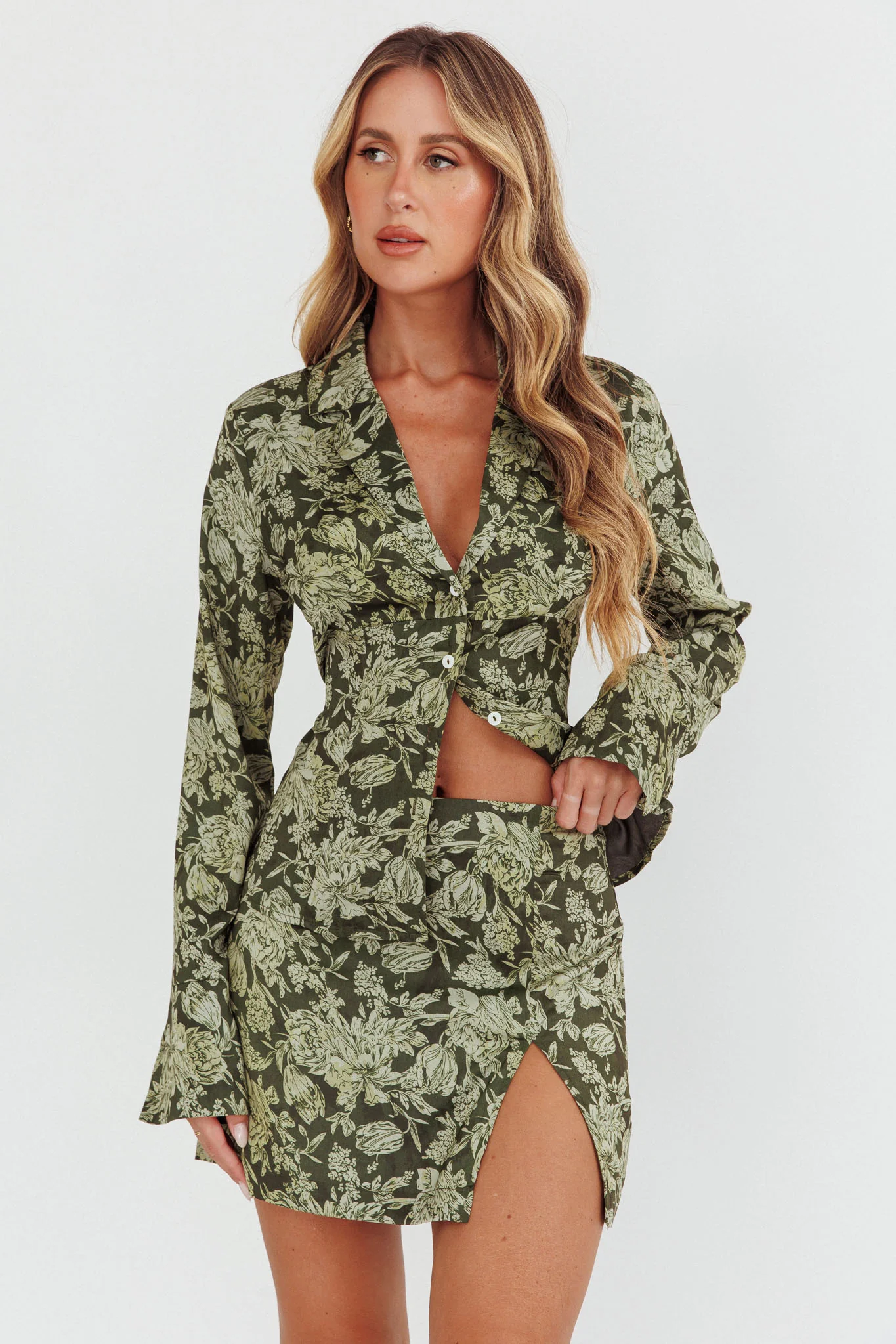Caledonia Collared Button-Up Satin Shirt Floral Olive - Image 5