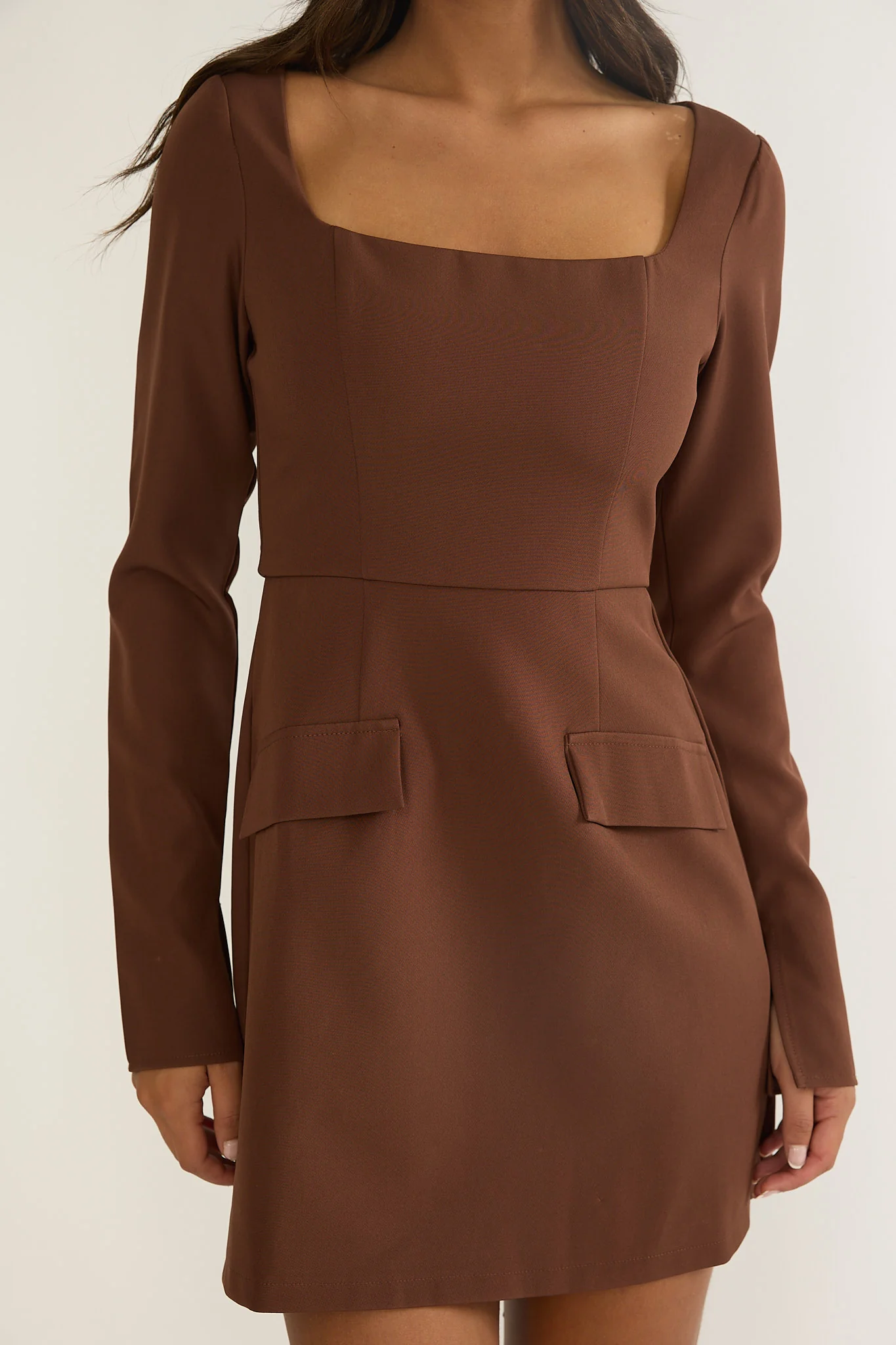Calenne Long Sleeve Faux Pocket Mini Dress Coffee - Image 5