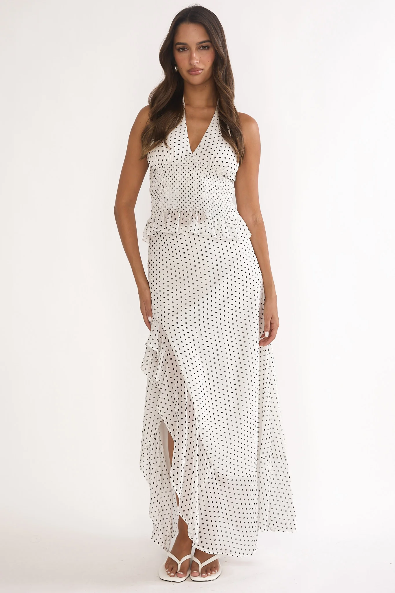 Caliah Ruffle Split Maxi Skirt Polka Dot Ivory - Image 5