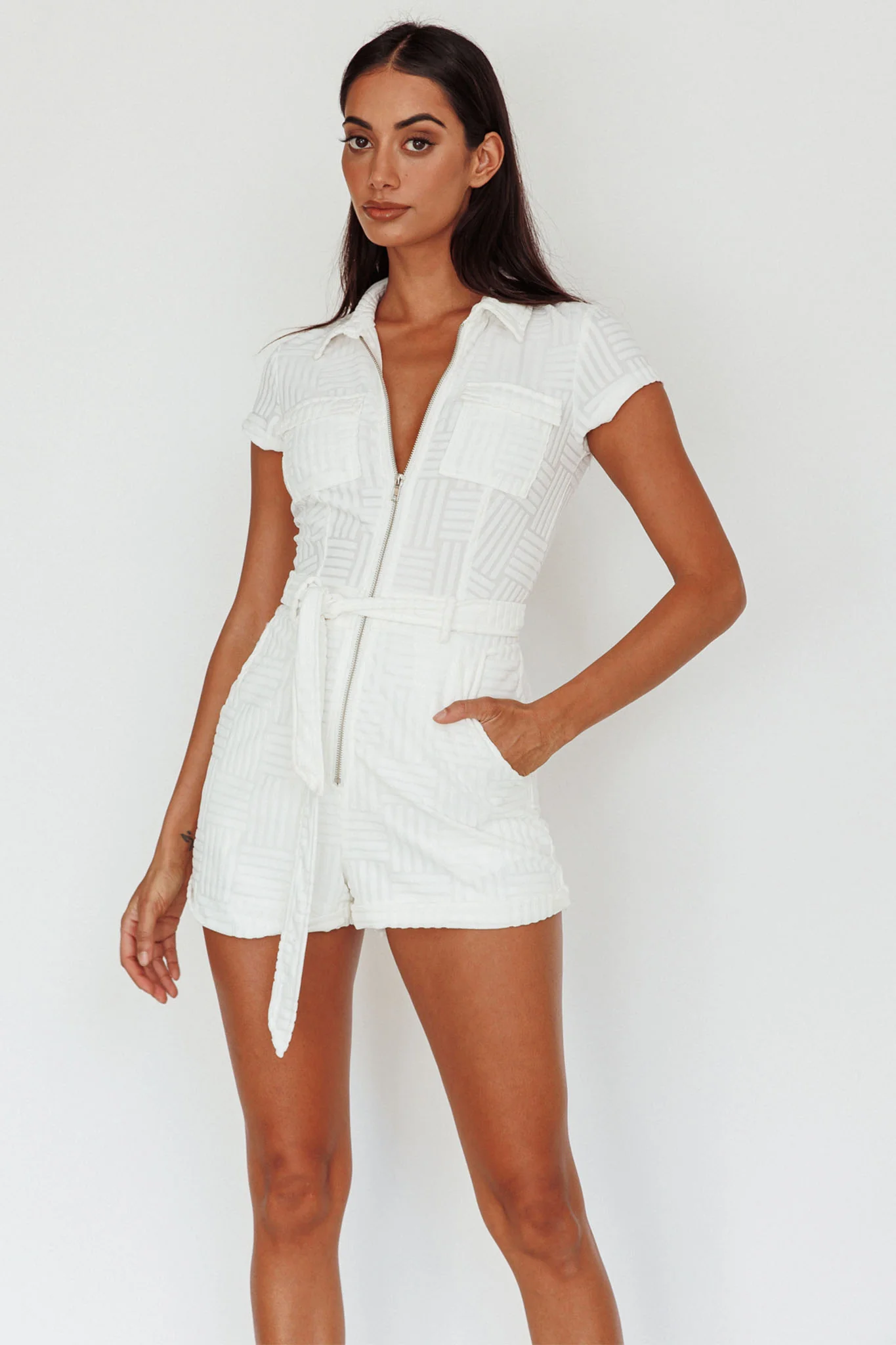 California Girl Short Sleeve Waist Tie Romper White - Image 5