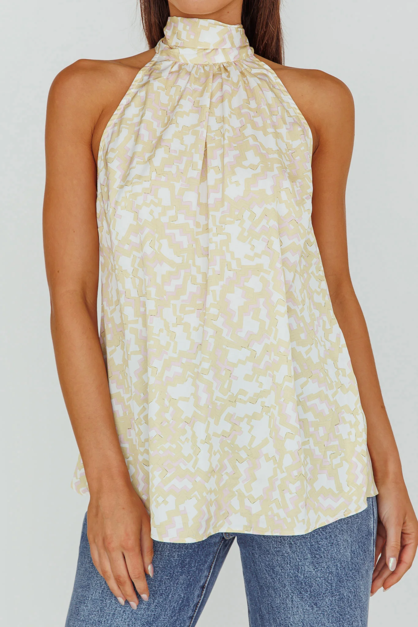 Calisto Sleeveless Tied Neck Top Geometric Yellow - Image 4