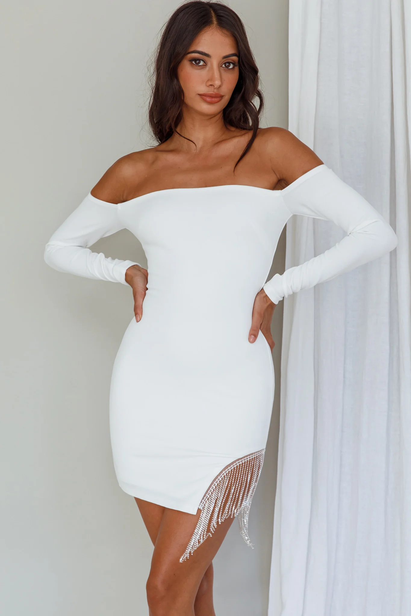 Call On Me Diamante Off-Shoulder Mini Dress White - Image 5