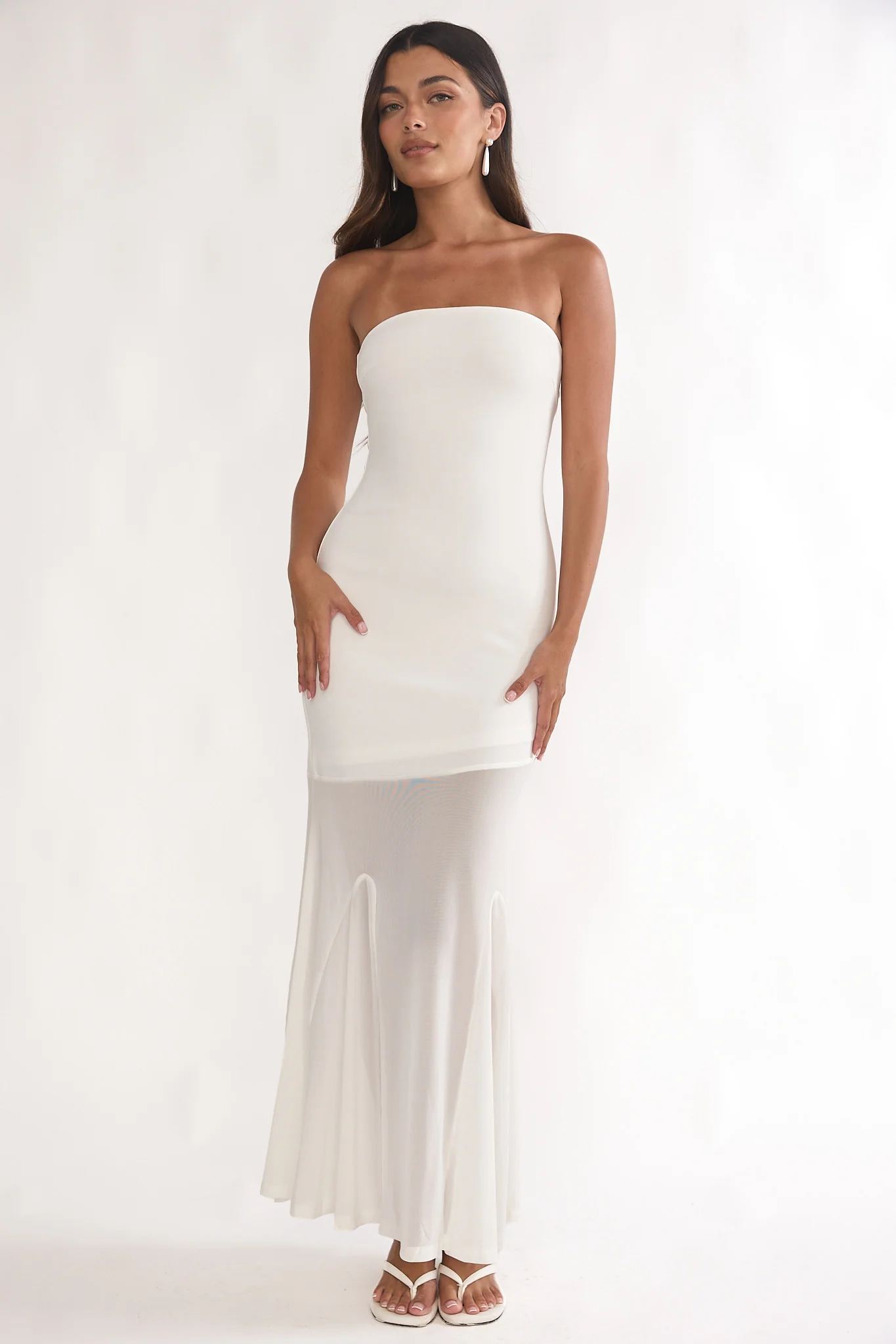 Calluna Strapless Sheer Godet Hem Maxi Dress White - Image 5