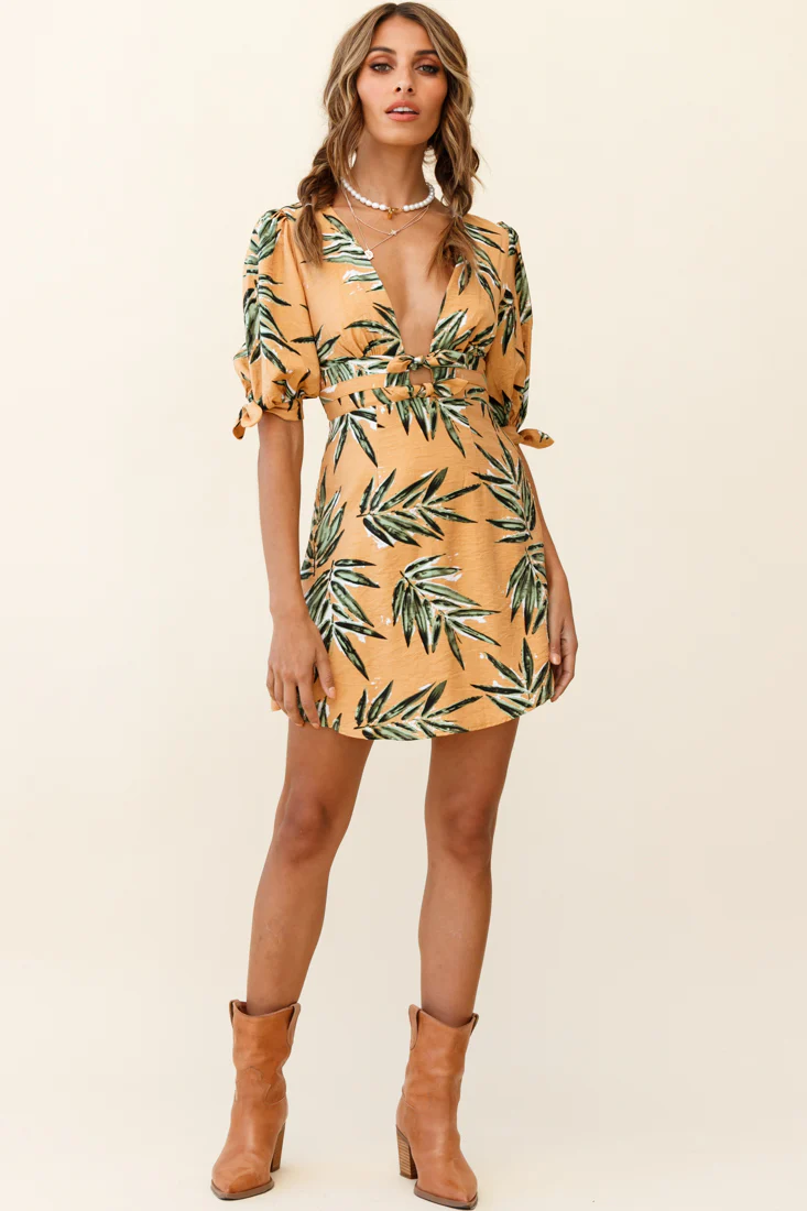 Camarillo Puff Sleeve Bow Detail Dress Leaf Print Sunset - Image 3