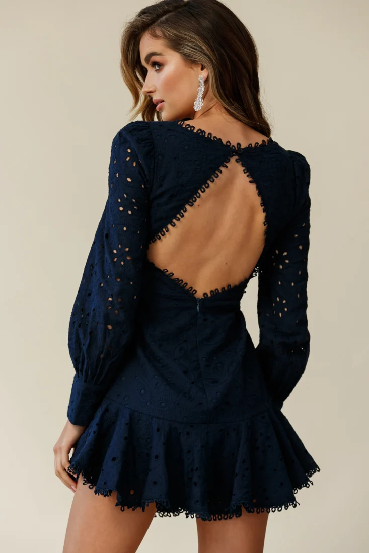 Camellia Open Back Cuff Sleeve Dress Anglaise Navy - Image 3
