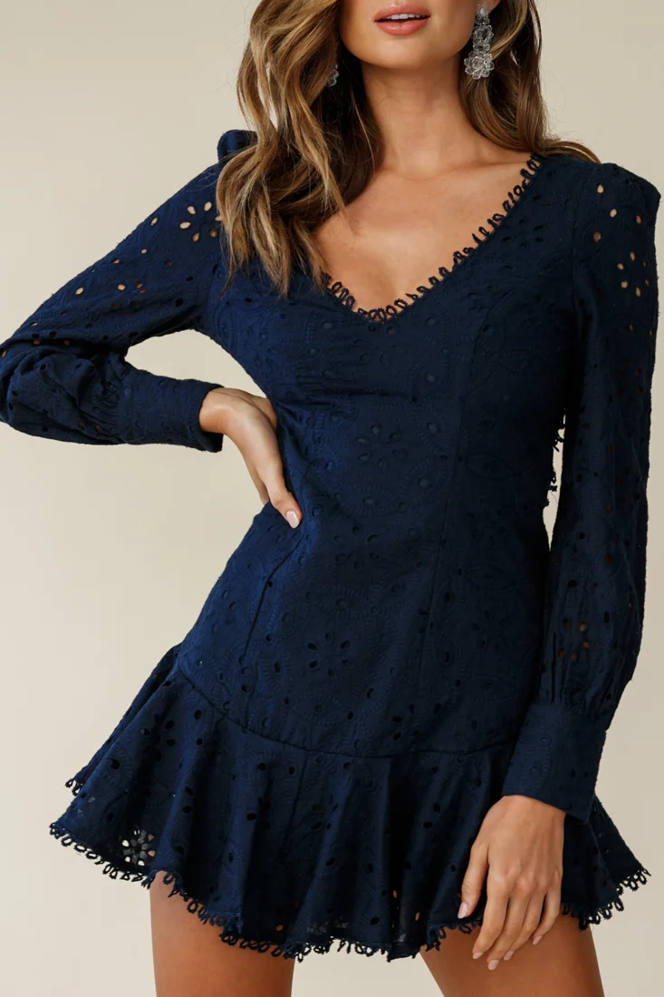 Camellia Open Back Cuff Sleeve Dress Anglaise Navy - Image 4
