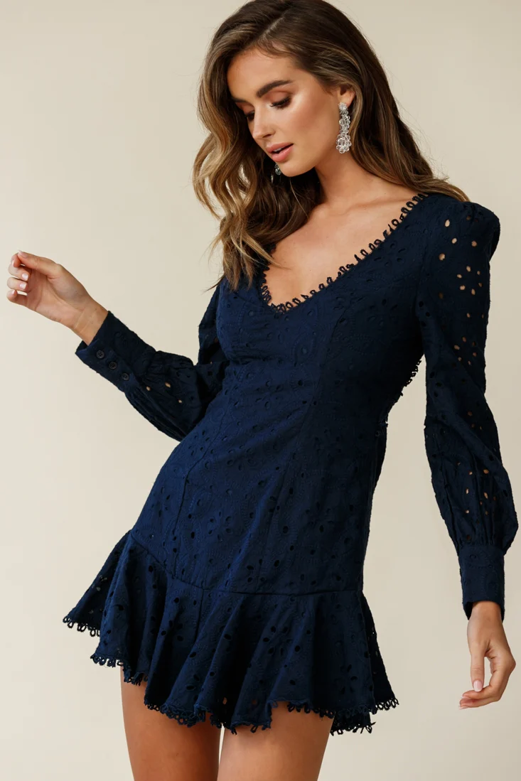 Camellia Open Back Cuff Sleeve Dress Anglaise Navy - Image 6