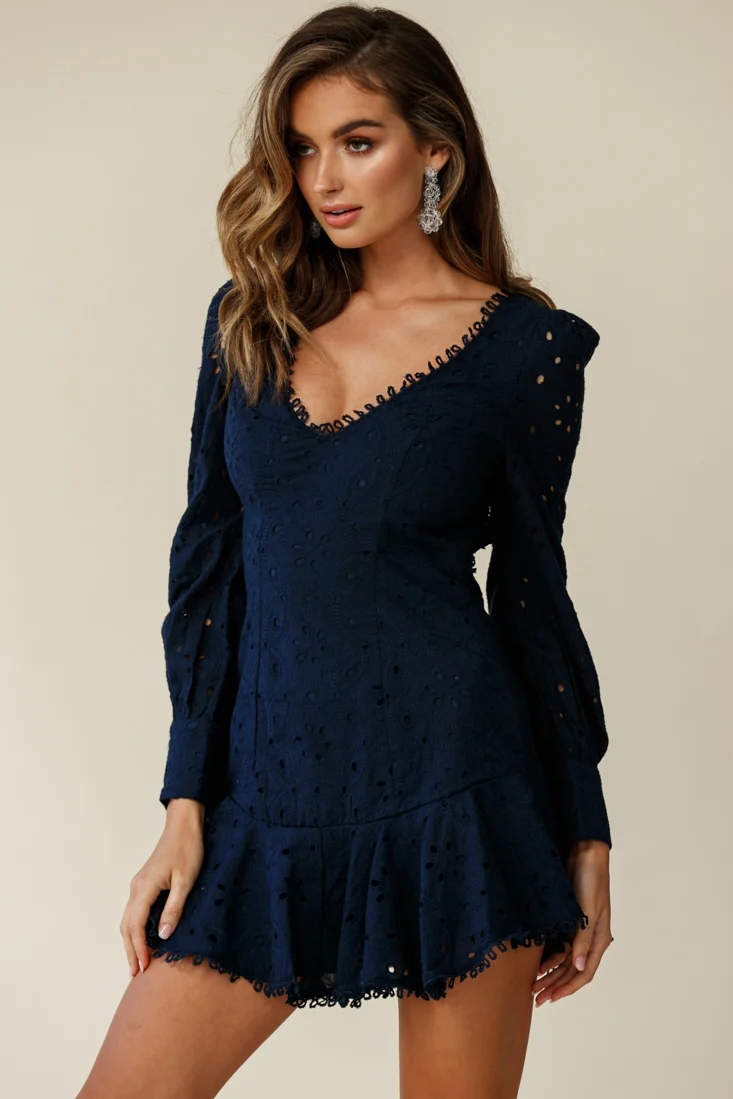 Camellia Open Back Cuff Sleeve Dress Anglaise Navy - Image 7