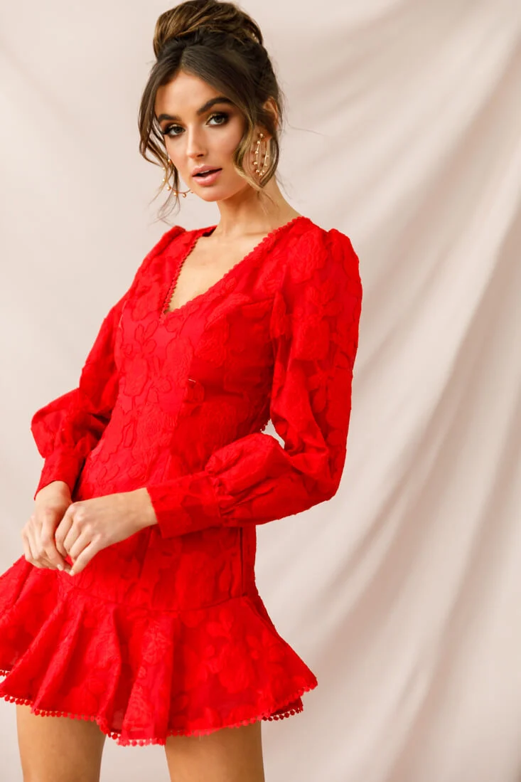 Camellia Open Back Cuff Sleeve Dress Red - Image 3