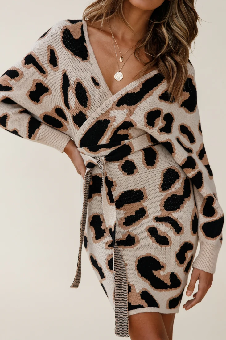 Cameo Batwing Knit Dress Animal Print Beige - Image 8