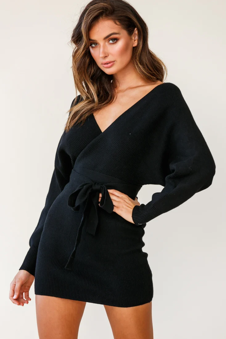 Cameo Batwing Knit Dress Black - Image 4