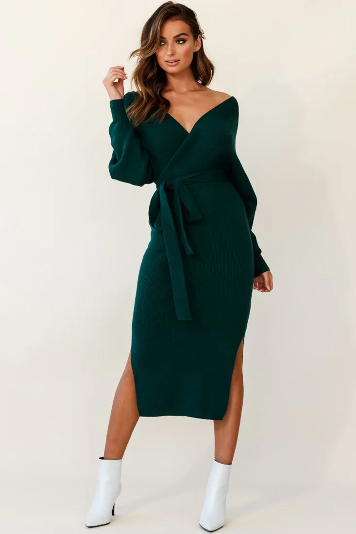 Cameo Batwing Knit Midi Dress Forest Green - Image 10