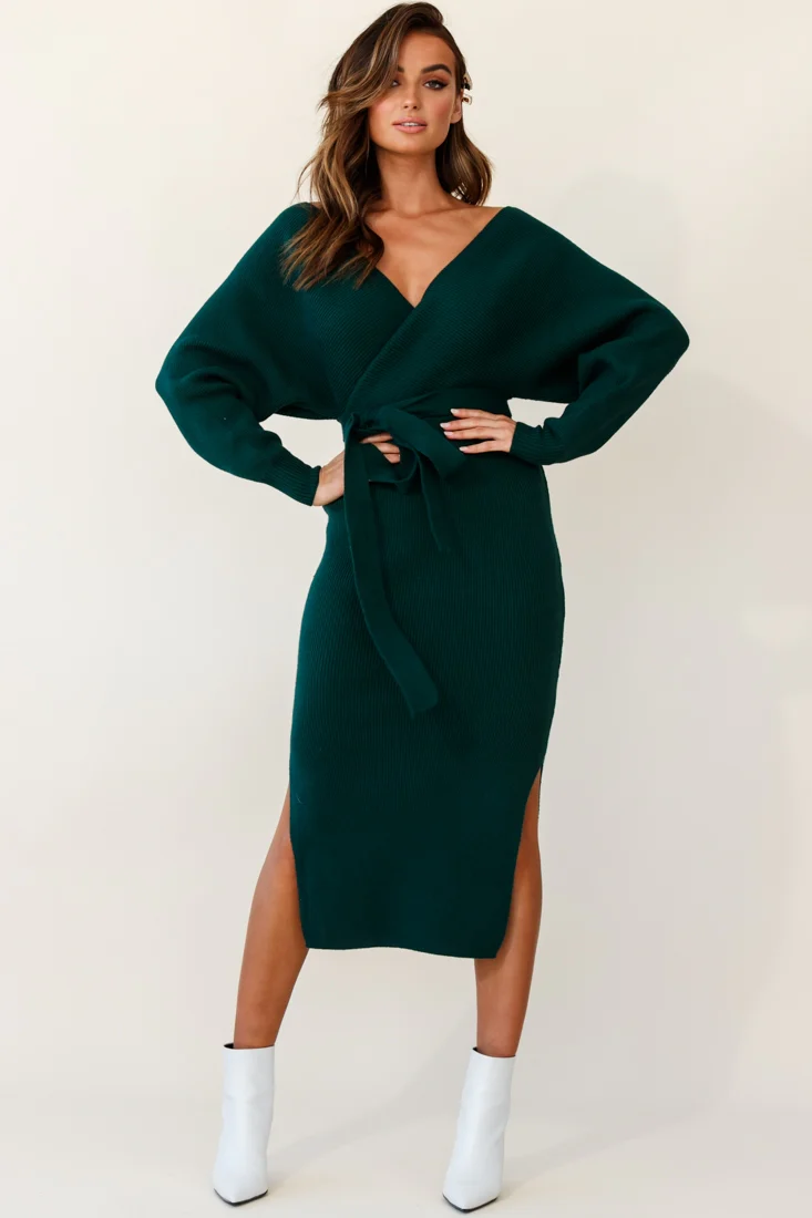 Cameo Batwing Knit Midi Dress Forest Green - Image 8