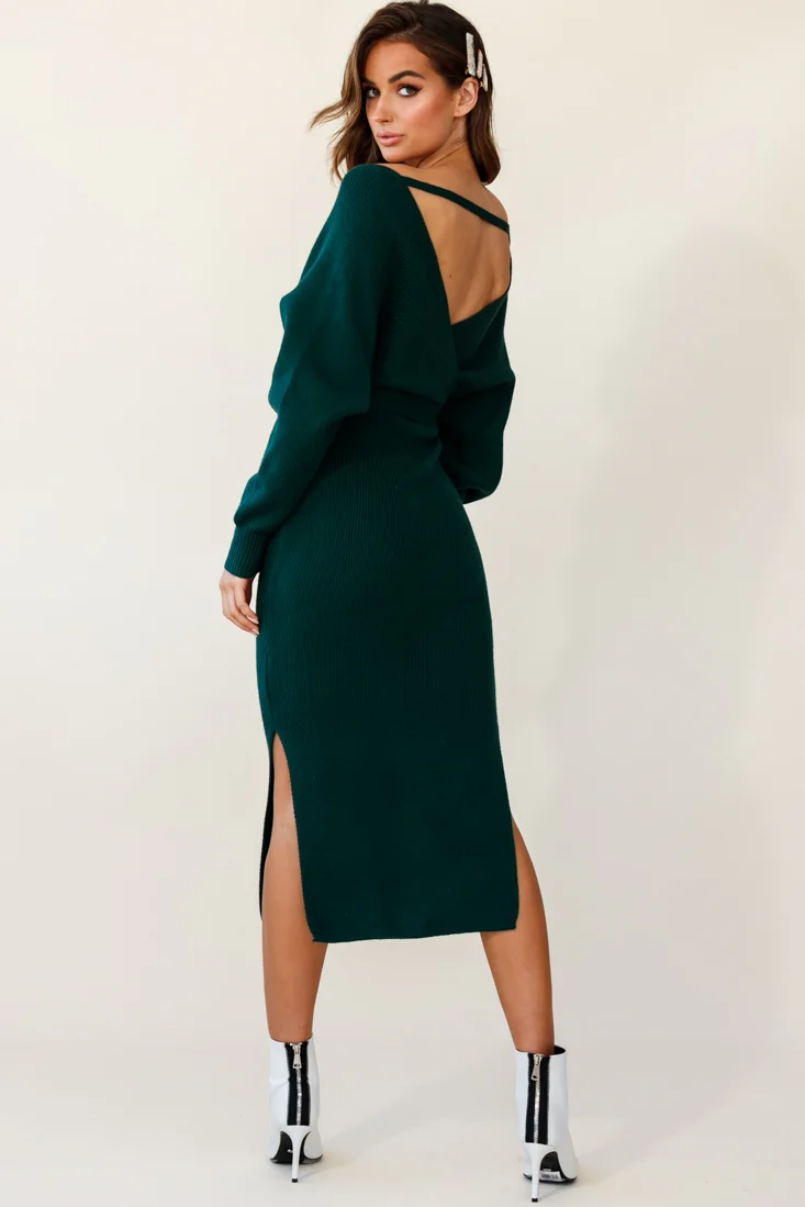 Cameo Batwing Knit Midi Dress Forest Green - Image 9
