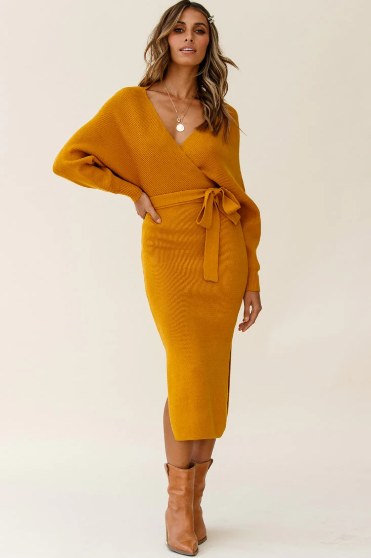 Cameo Batwing Knit Midi Dress Mustard - Image 5