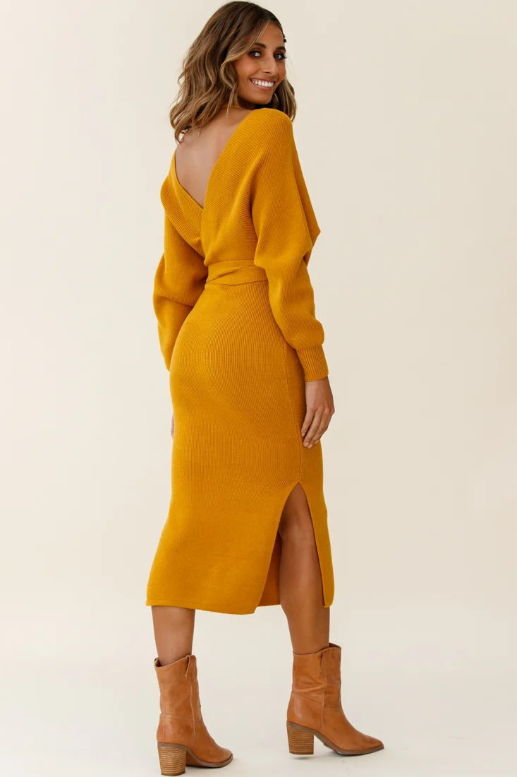 Cameo Batwing Knit Midi Dress Mustard - Image 6