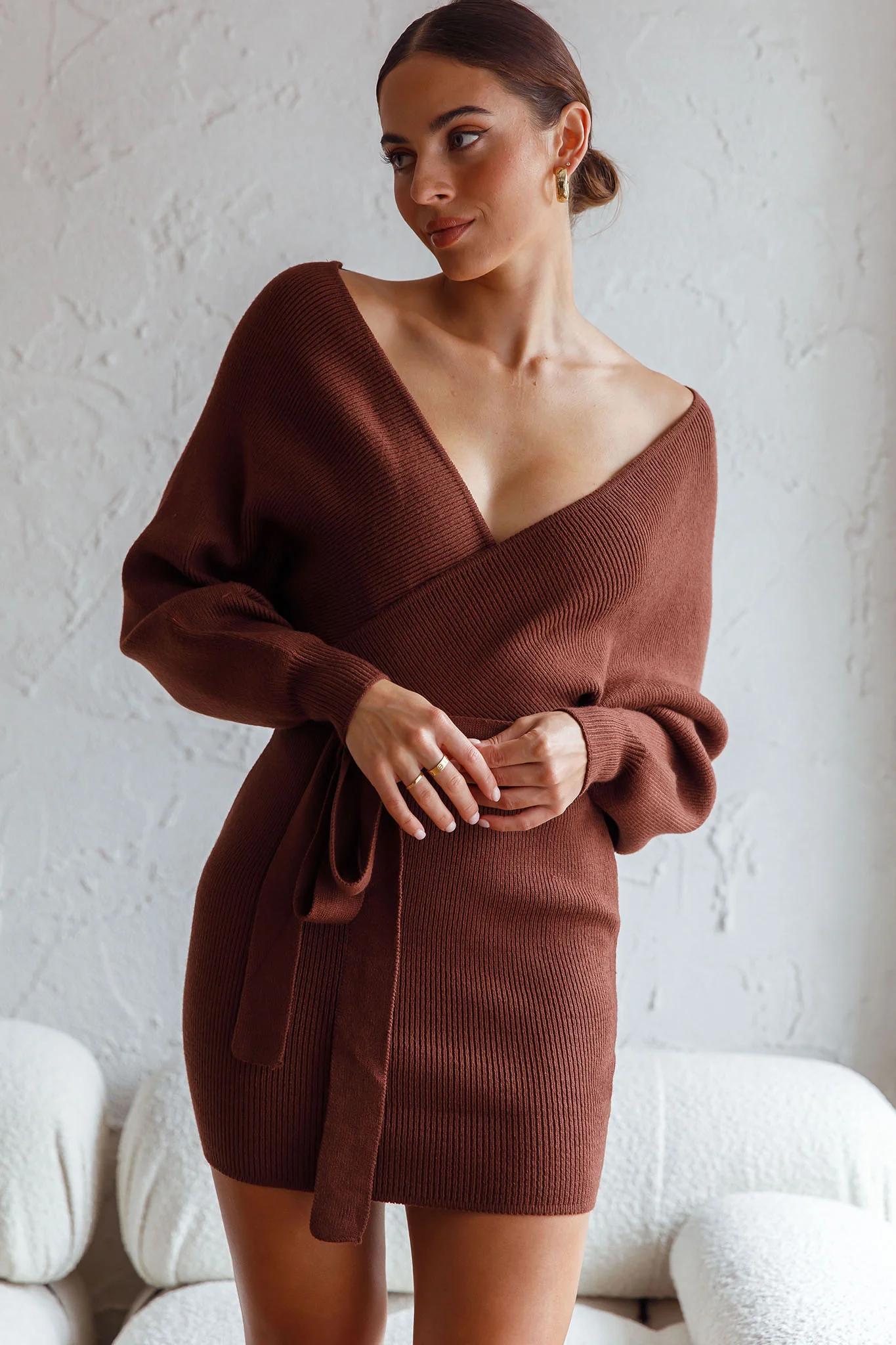 Cameo Long Batwing Sleeve Knit Mini Dress Chocolate - Image 4