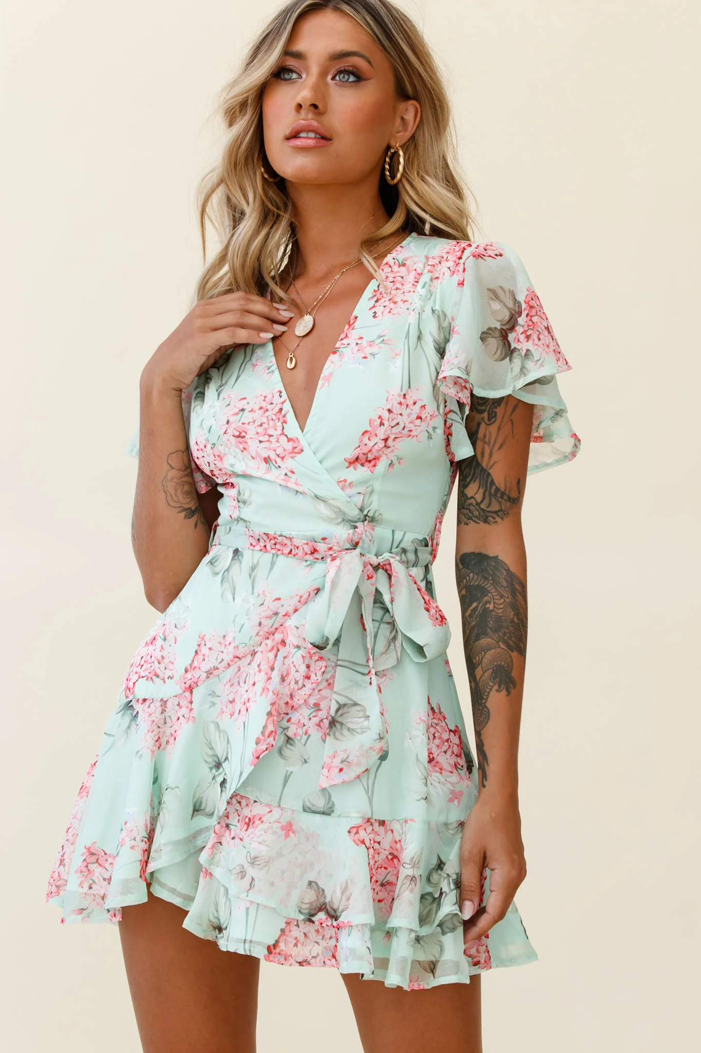 Cami Angel Sleeve Faux Wrap Dress Hydrangea Print Mint/Pink - Image 3