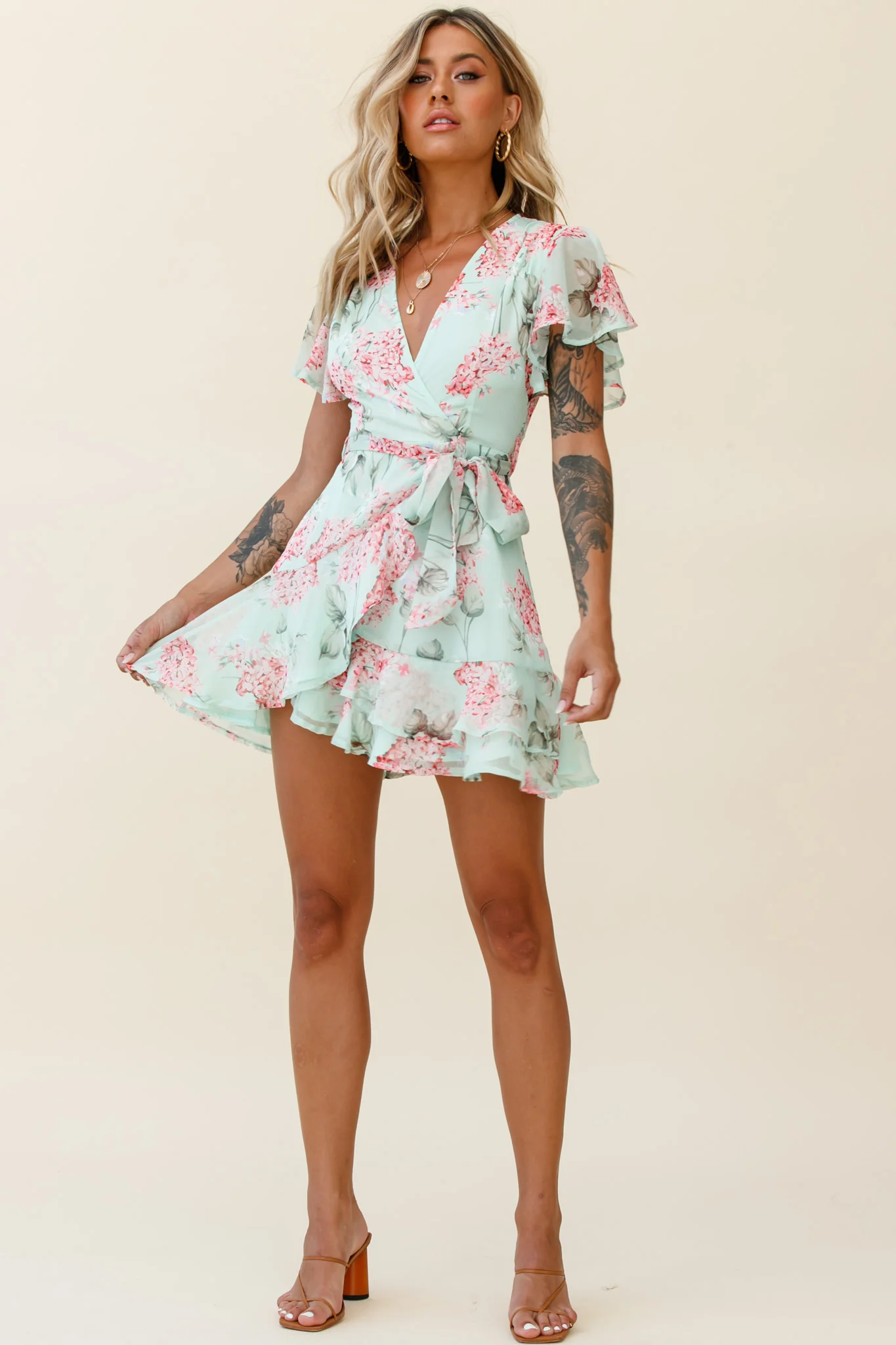 Cami Angel Sleeve Faux Wrap Dress Hydrangea Print Mint/Pink - Image 4