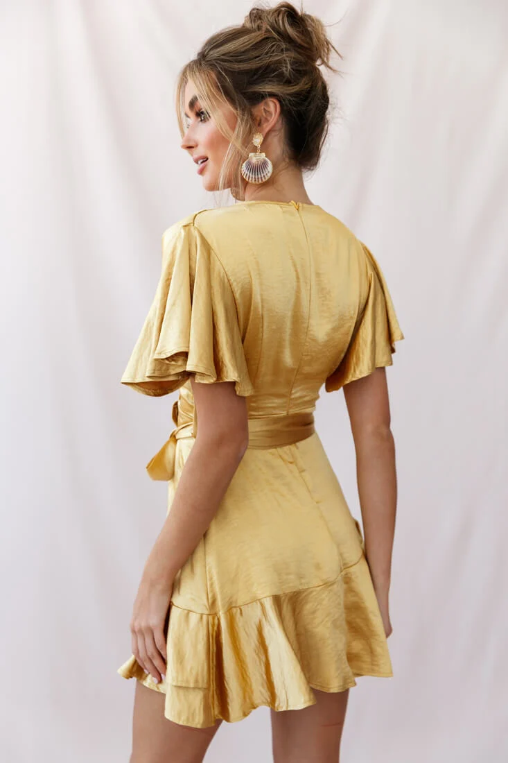 Cami Angel Sleeve Faux Wrap Dress Mustard - Image 3