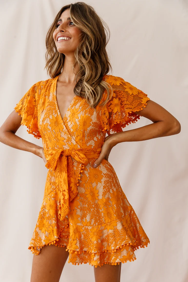 Cami Angel Sleeve Faux Wrap Dress Orange Sunset - Image 10