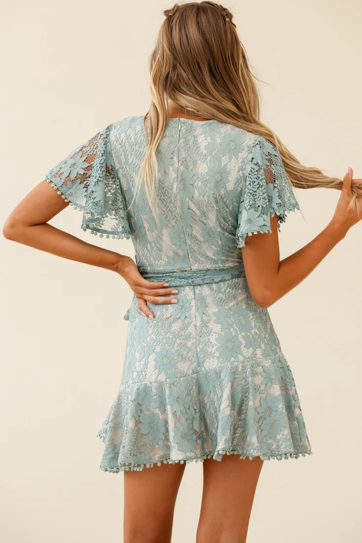 Cami Angel Sleeve Faux Wrap Dress Sage With Beige Lining - Image 3