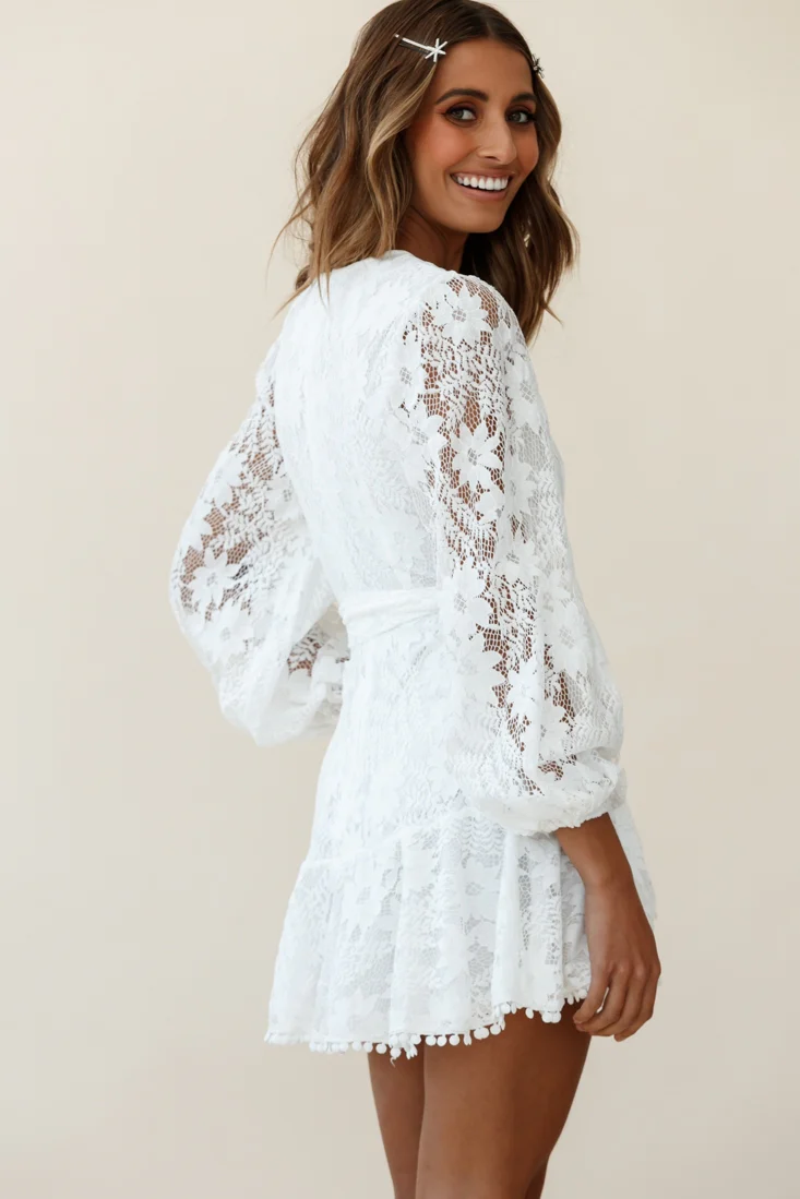 Cami Balloon Sleeve Faux Wrap Dress Lace White - Image 8