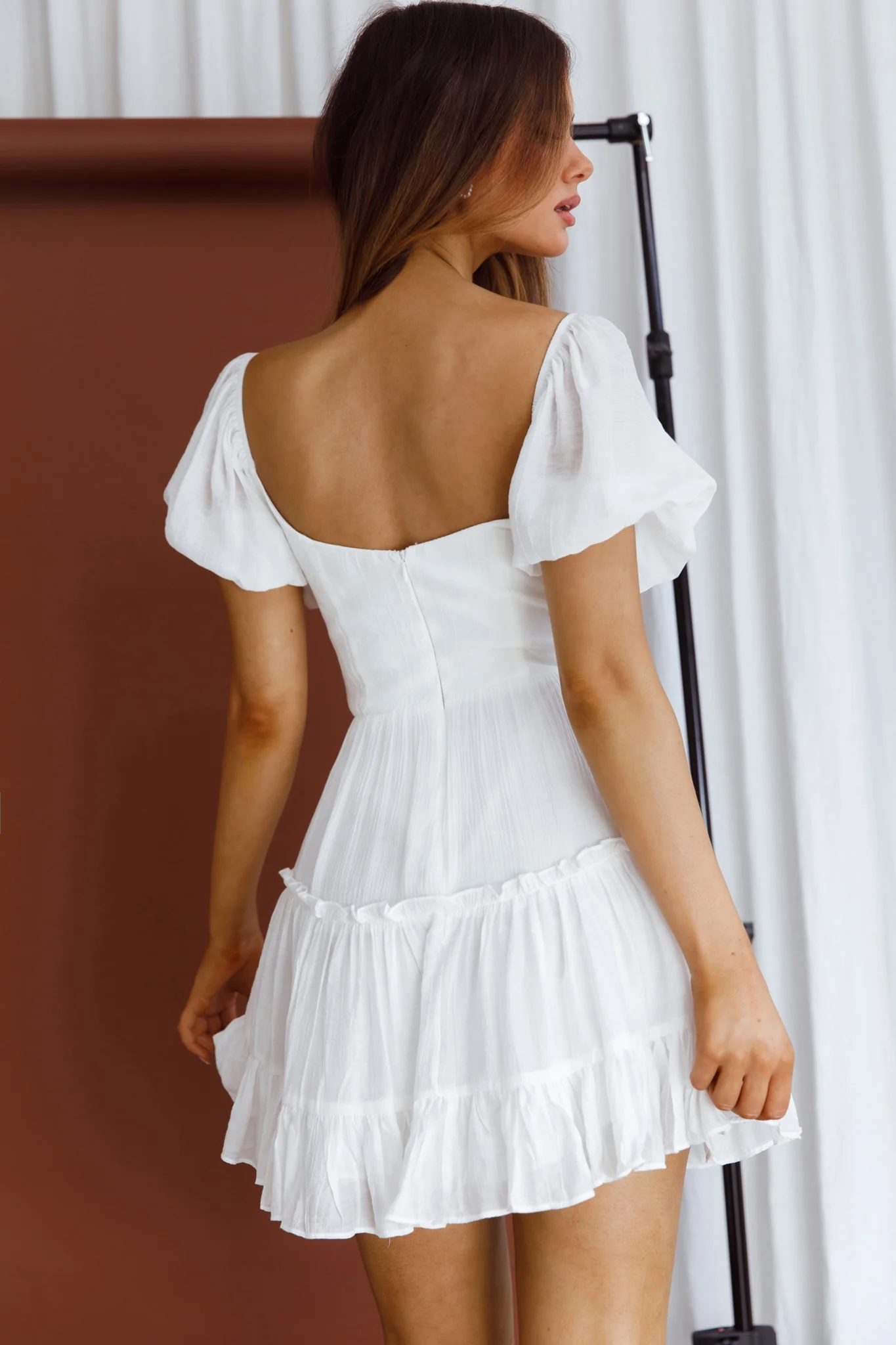 Camille Gathered Bodice Puff Sleeve Flounce Hem Mini Dress White - Image 2