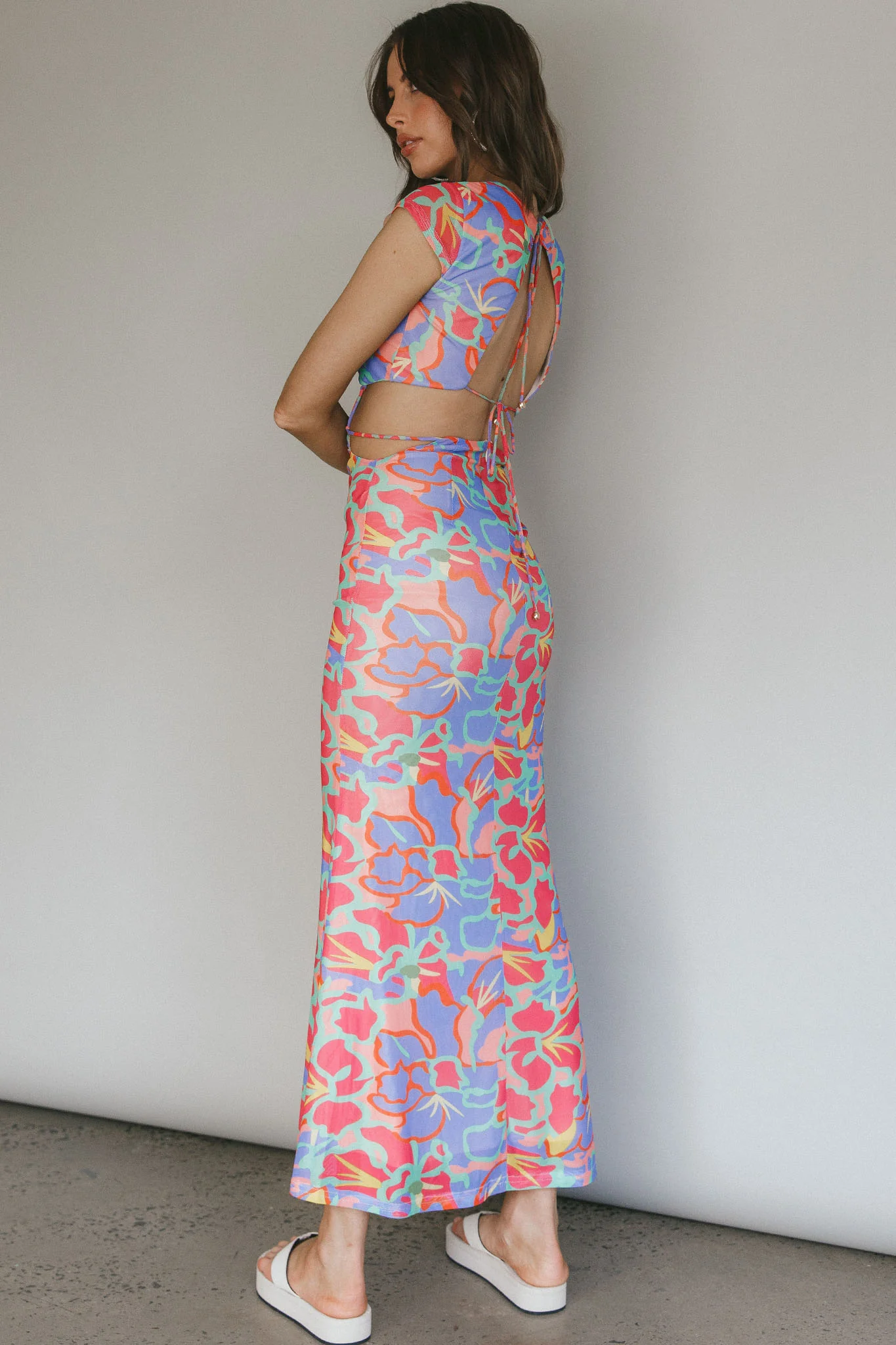 Capri Cap Sleeve String Maxi Dress Blue/Red - Image 3