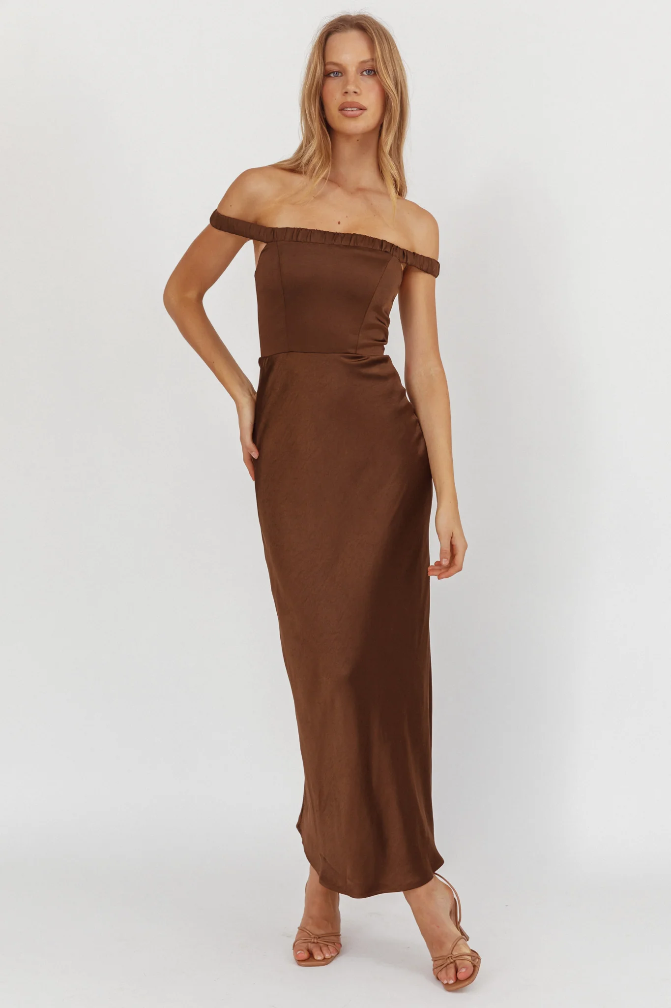Cari Off-Shoulder Strap Maxi Dress Chocolate - Image 10