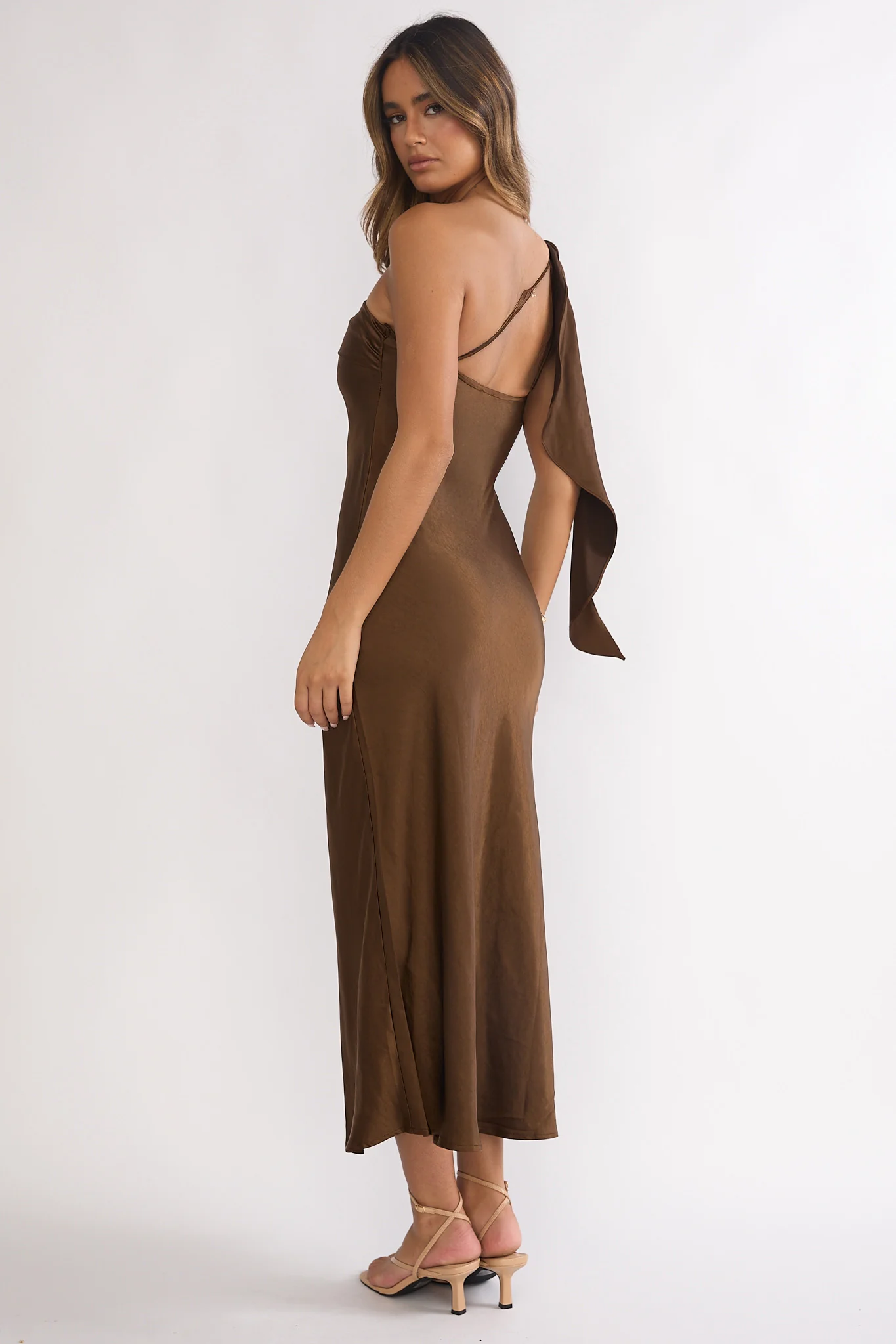Carmel One-Shoulder Sash Maxi Dress Chocolate - Image 2