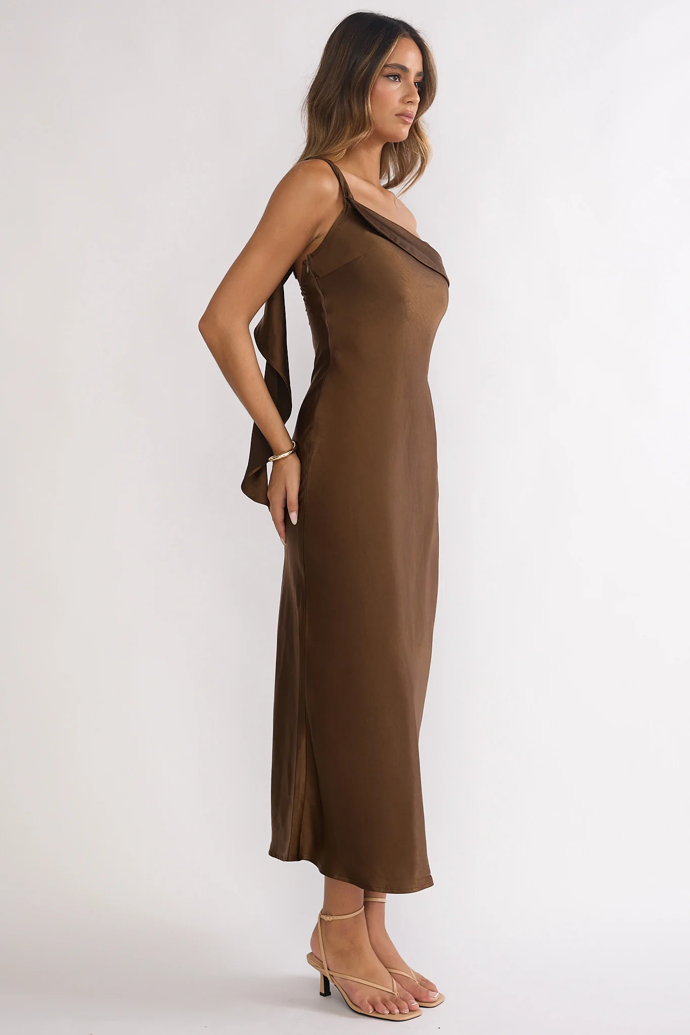 Carmel One-Shoulder Sash Maxi Dress Chocolate - Image 4