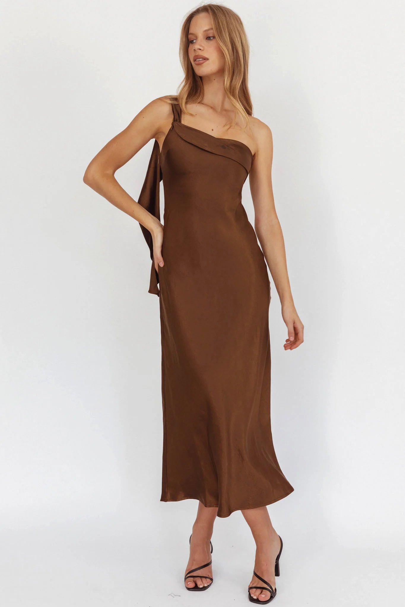 Carmel One-Shoulder Sash Maxi Dress Chocolate - Image 5
