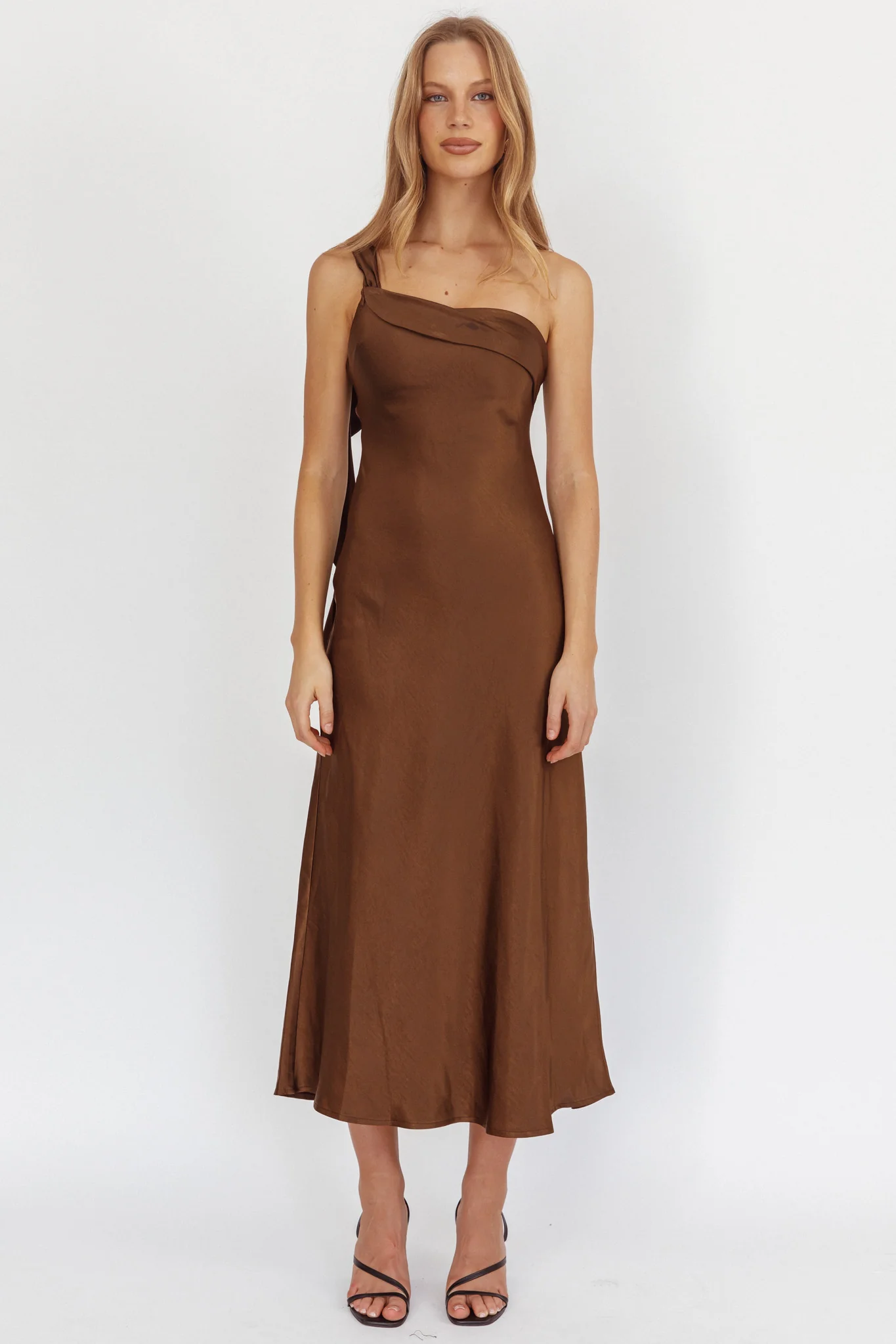 Carmel One-Shoulder Sash Maxi Dress Chocolate - Image 9
