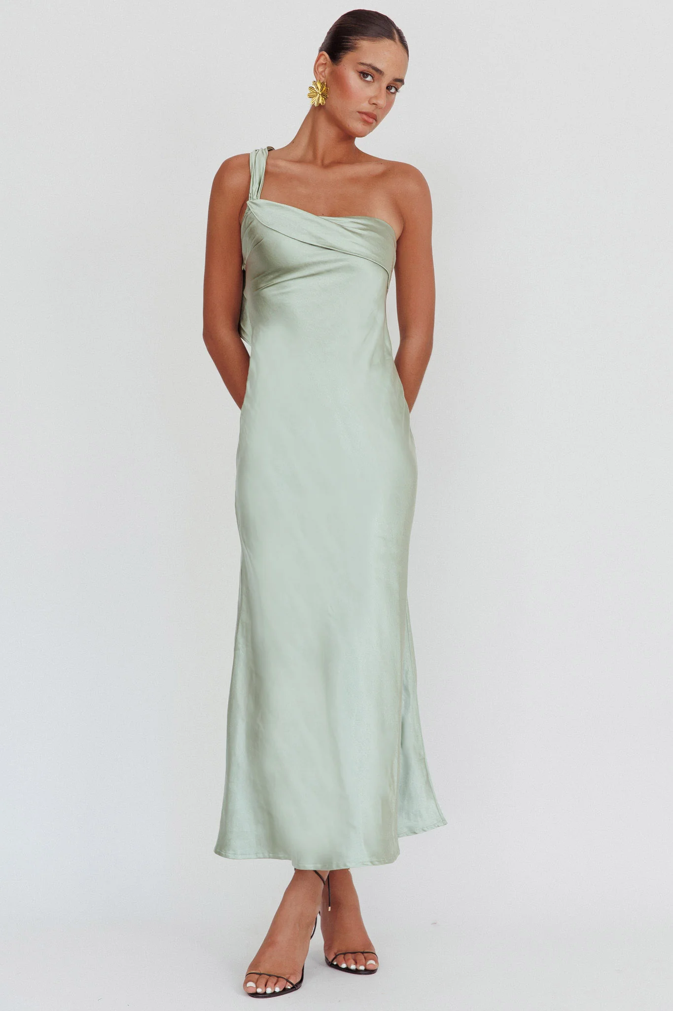 Carmel One-Shoulder Sash Maxi Dress Sage - Image 4