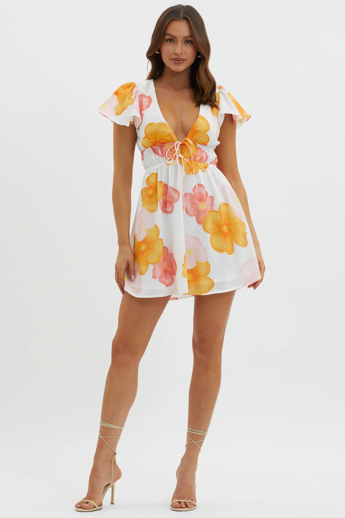 Carnivale Angel Sleeve Mini Dress Floral Orange - Image 3