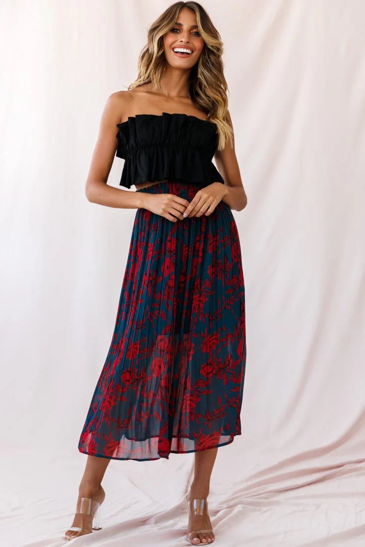 Caroline Accordion Pleat Midi Skirt Forest Green/Red - Image 4