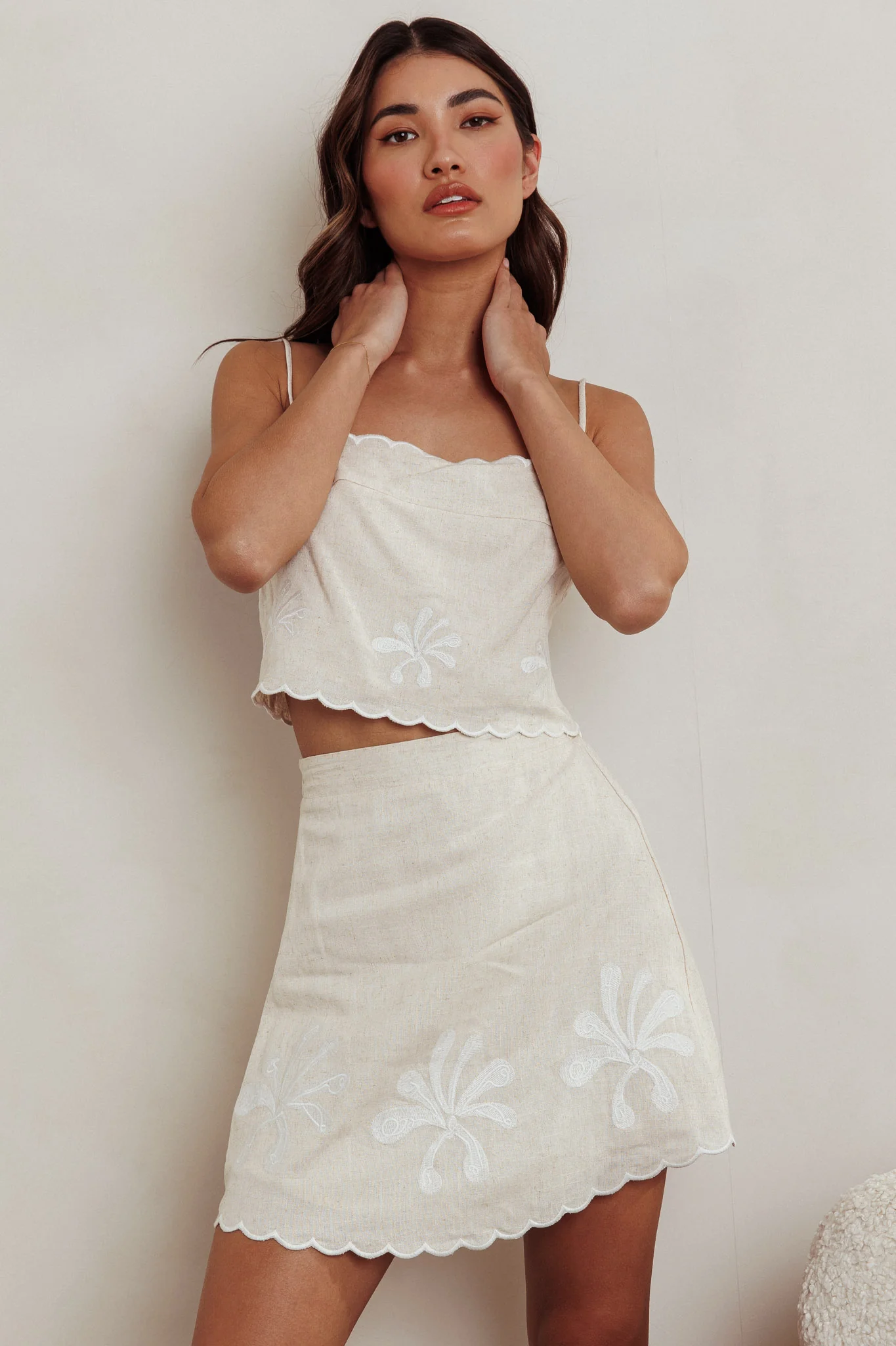 Carsyn Flower Embroidery A-Line Mini Skirt Oat - Image 3