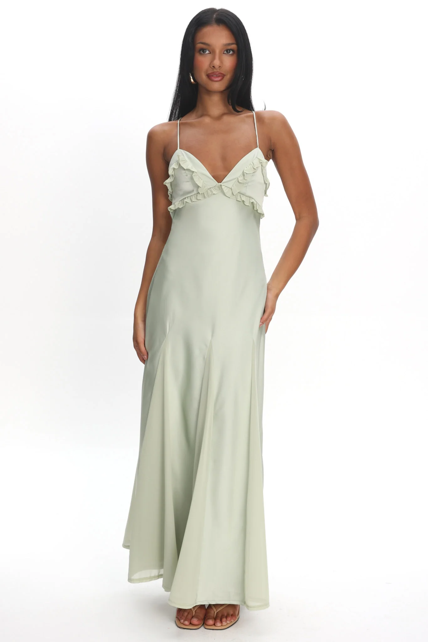 Caryn Frill Trim Godet Maxi Dress Sage - Image 4