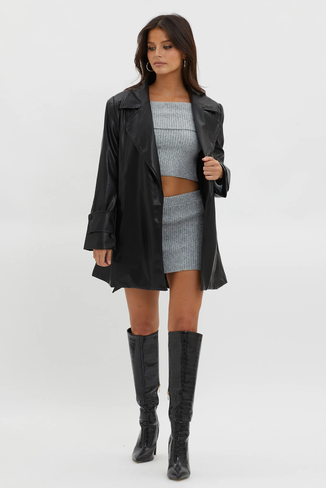 Casanova Girl Faux Leather Trench Coat Jacket Black - Image 4