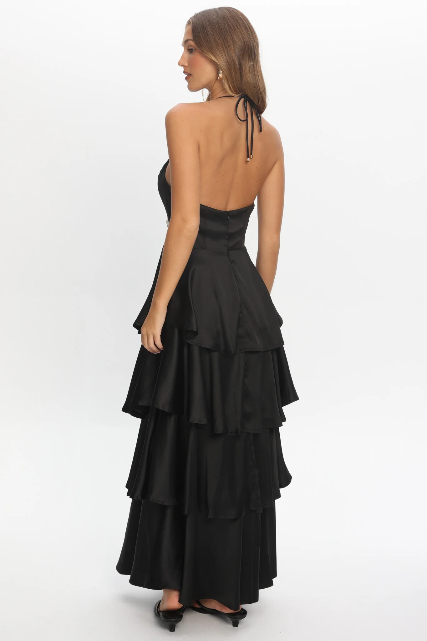 Catalina Tiered Ruffle Rosette Maxi Dress Black - Image 3