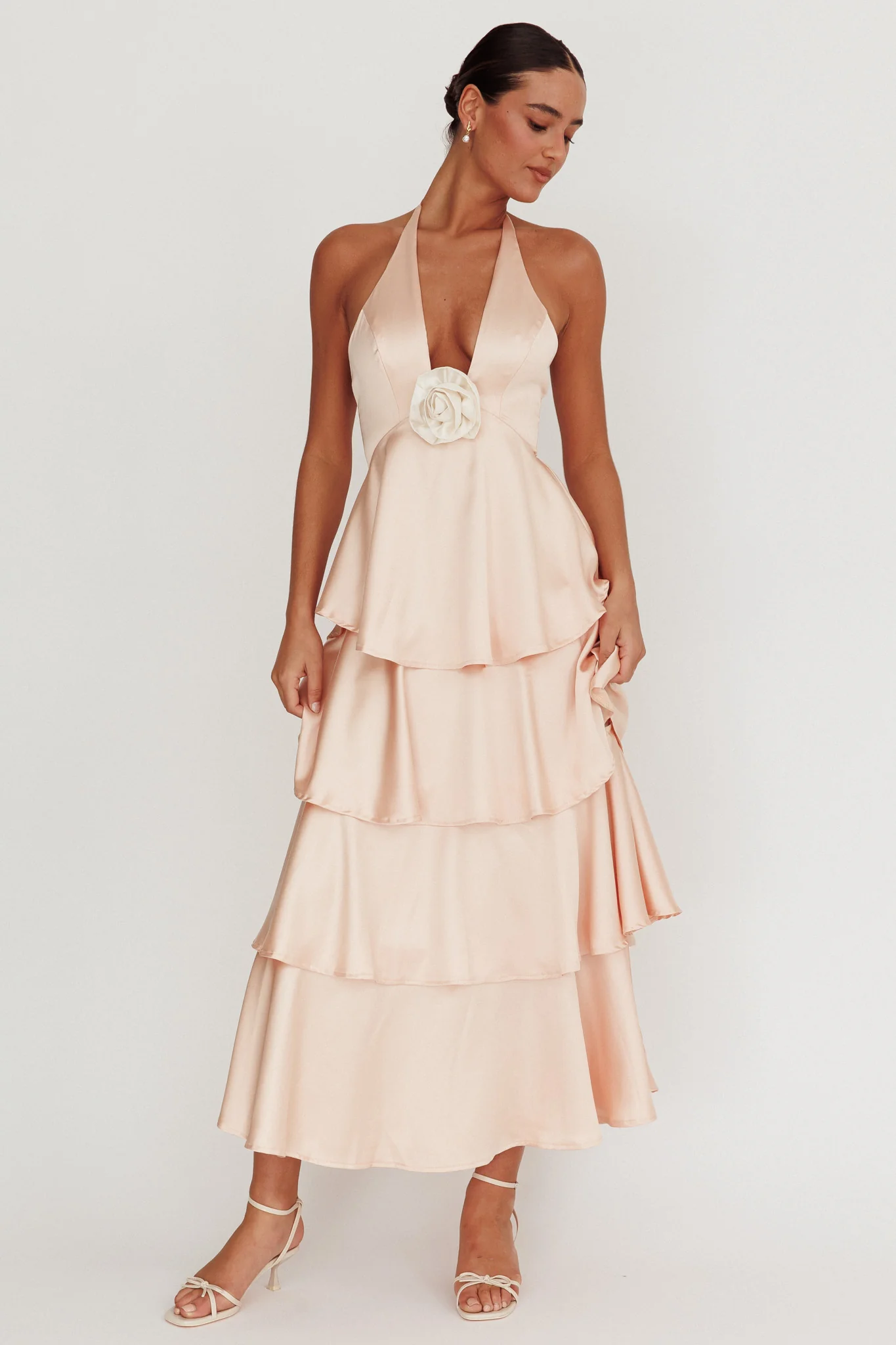 Catalina Tiered Ruffle Rosette Maxi Dress Peach - Image 4