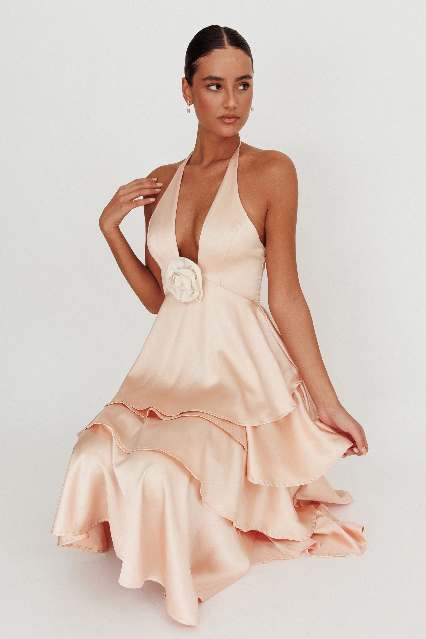 Catalina Tiered Ruffle Rosette Maxi Dress Peach - Image 7