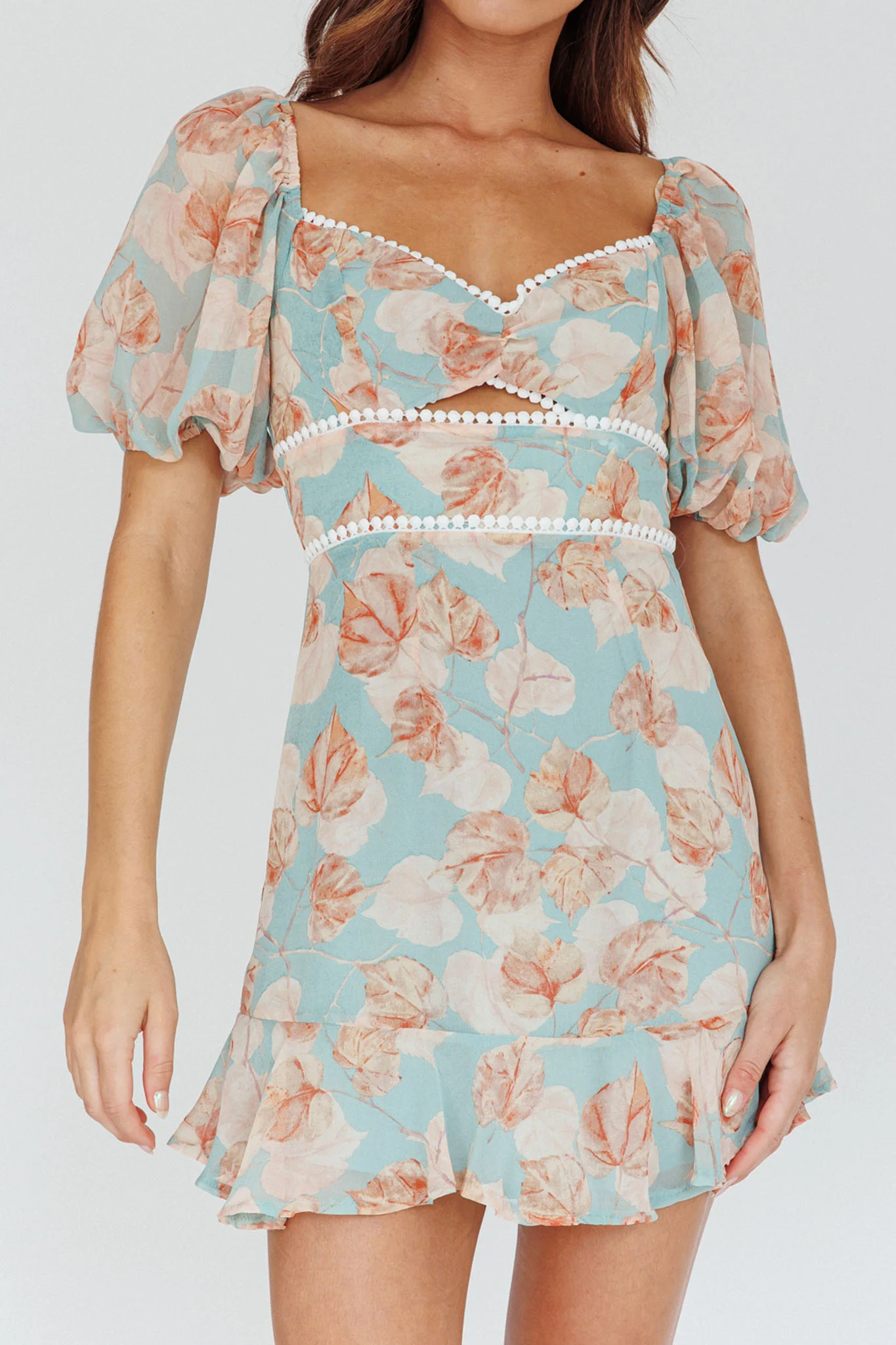 Catch Feelings Sweetheart Puff Sleeve Mini Dress Leaves Blue - Image 4